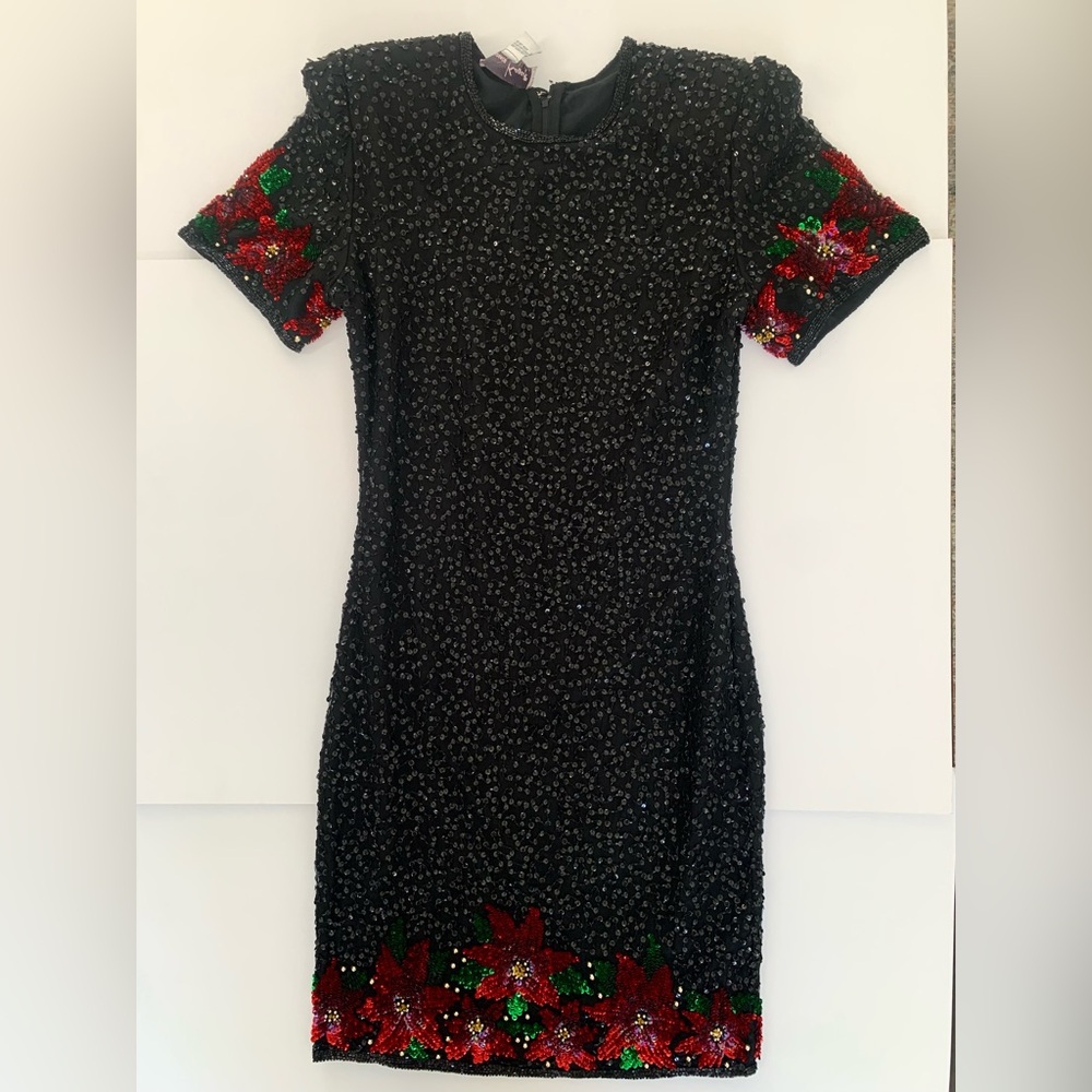 Vintage Laurence Kazar Beaded Poinsettia Dress